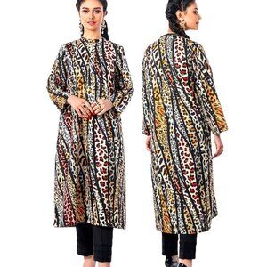 Animal print leopard long sleeves shift shirt-dress kaftan tunic kurta XS/S